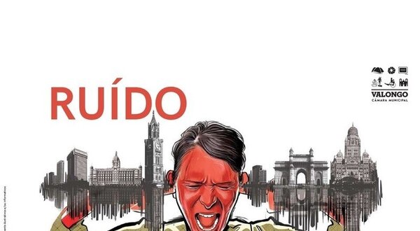 Ilustração de uma pessoa a segurar um gráfico de som, com edifícios ao fundo.