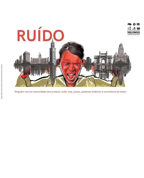 Ilustração de uma pessoa a segurar um gráfico de som, com edifícios ao fundo.