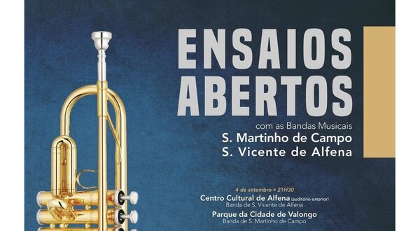 Cartaz de ensaios abertos com uma trompete dourado e informações do evento.