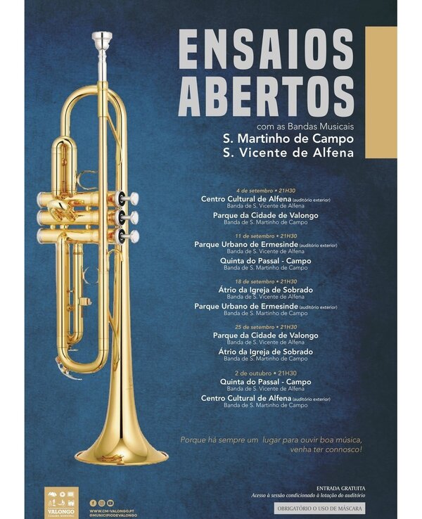 Cartaz de ensaios abertos com uma trompete dourado e informações do evento.