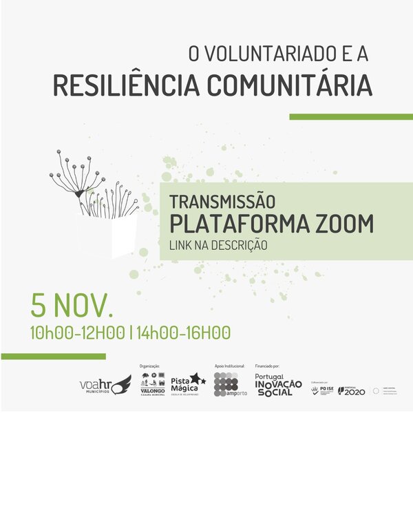 Cartaz sobre o voluntariado e resiliência comunitária, com horários e link para Zoom.