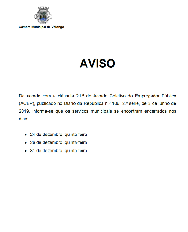 Aviso da Câmara Municipal de Valongo sobre encerramento de serviços em dezembro.
