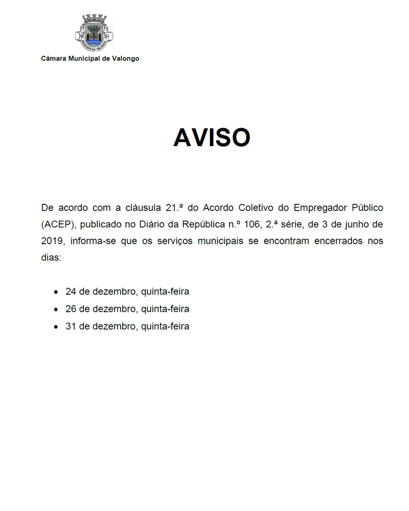 Aviso da Câmara Municipal de Valongo sobre encerramento de serviços em dezembro.