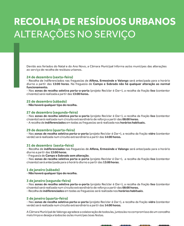 Informações sobre alterações na recolha de resíduos urbanos em Valongo.