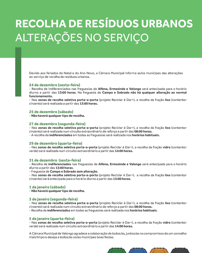 Informações sobre alterações na recolha de resíduos urbanos em Valongo.