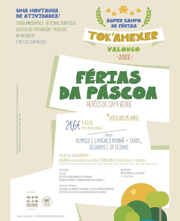 Cartaz sobre as Férias da Páscoa em Valongo, com atividades e preços.