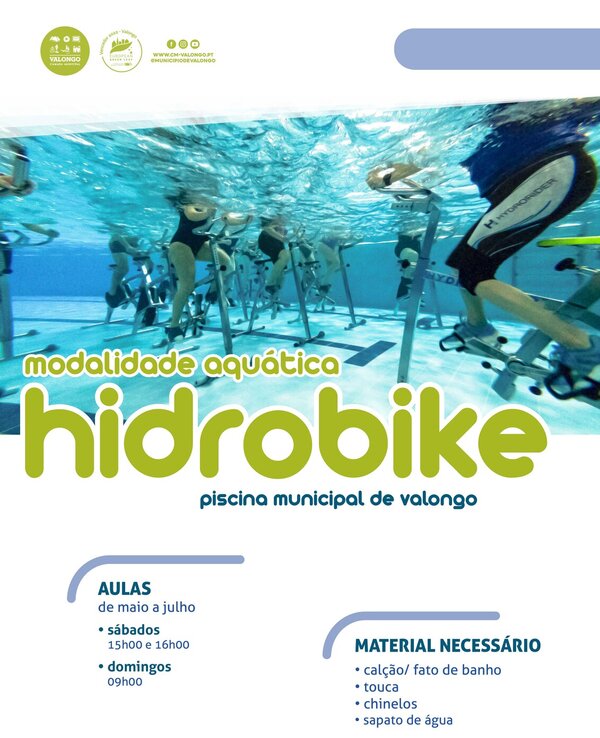 Imagem de aula de hidrobike na piscina municipal de Valongo.