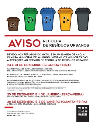 Alteração dos horários da recolha de lixo