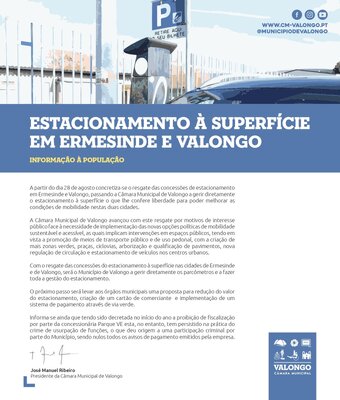 ESTACIONAMENTO À SUPERFÍCIE EM ERMESINDE E VALONGO - INFORMAÇÃO À POPULAÇÃO