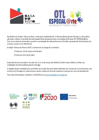 Projeto OTL ESPECIAL@rte Páscoa 2020 - pré-inscrição de 10 a 12 de março