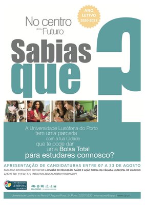 Bolsa de estudo da Universidade Lusófona do Porto – ANO LETIVO 2020/2021