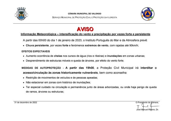 Aviso - Continuação de períodos de chuva, vento e agitação marítima forte | Informação recebida d...