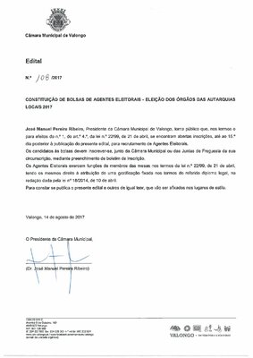 Constituição de Bolsas de Agentes Eleitorais - Eleições dos Órgãos das Autarquias Locais 2017