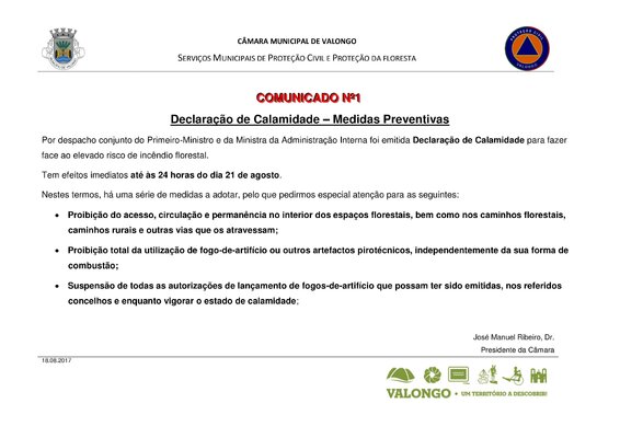 Declaração de Calamidade – Medidas Preventivas