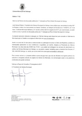 Abertura de período de discussão pública da 1.ª alteração do PDMV