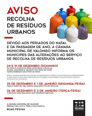 AVISO - Alteração dos horários de recolha de lixo na Quadra Natalícia
